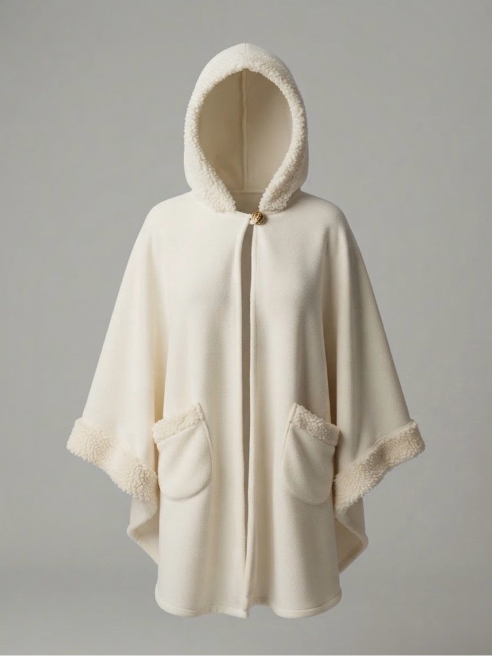NWOT Moda Cream Hooded Shearling-Trim Cape